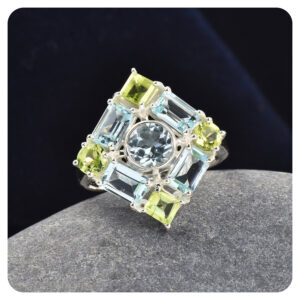 Blue Topaz-Peridot, Ring, Sterling silver 925